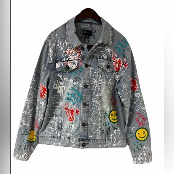 NEW Waimea Denim Jean Jacket Mens M Paint Splatter Streetwear Urban Hip Hop 90s - Picture 2 of 16